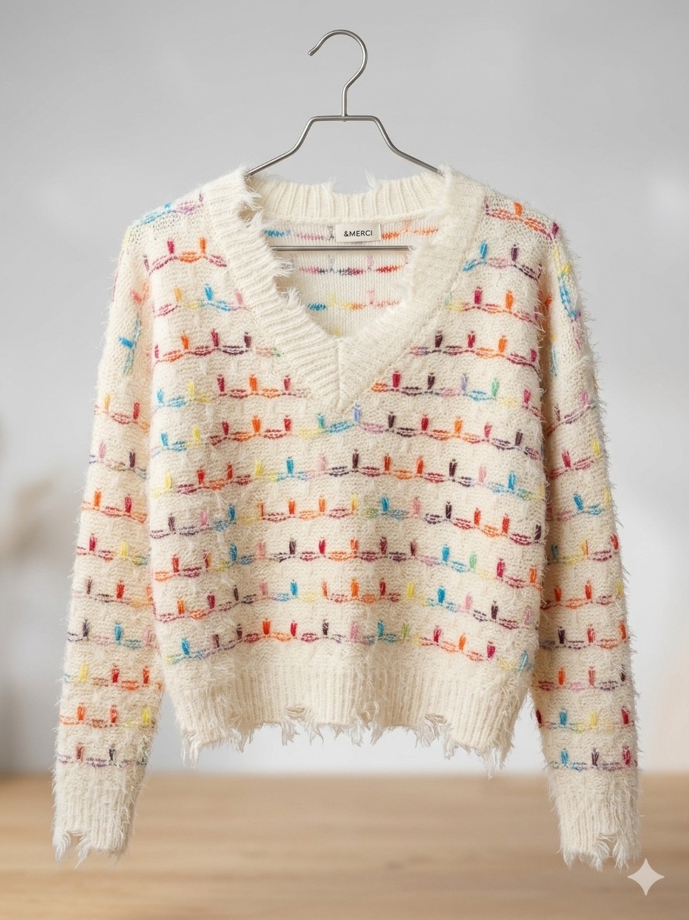 &merci Women's Small White Fuzzy Knit Sweater with Multicolor Detail